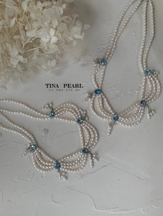 TINA Jewelry Natural mirror-gloss core-free rice pearl vintage necklace with natural Topaz, palace vintage style, handmade