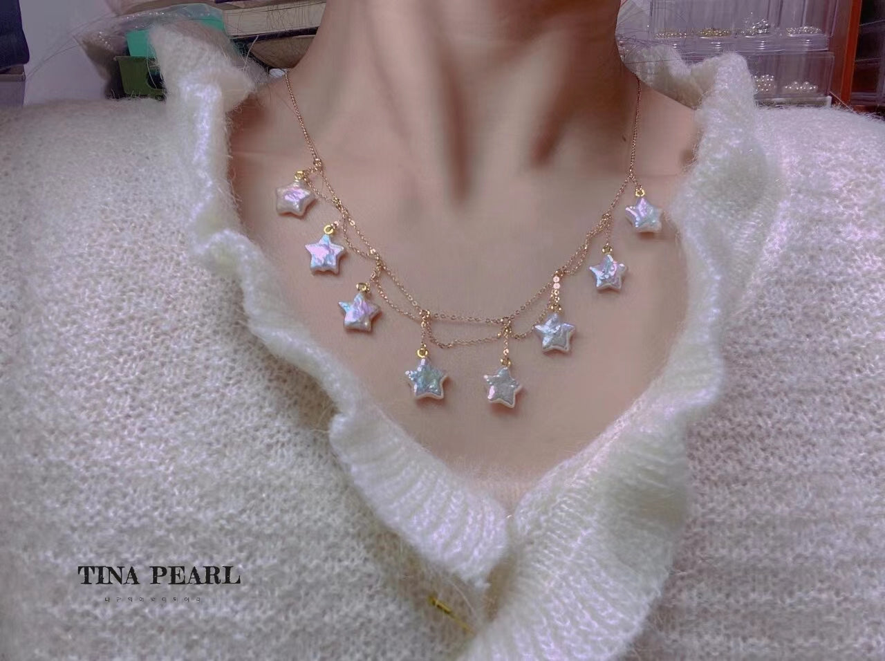 TINA Jewelry 18K gold five-pointed pearl necklace, elegant and simple.