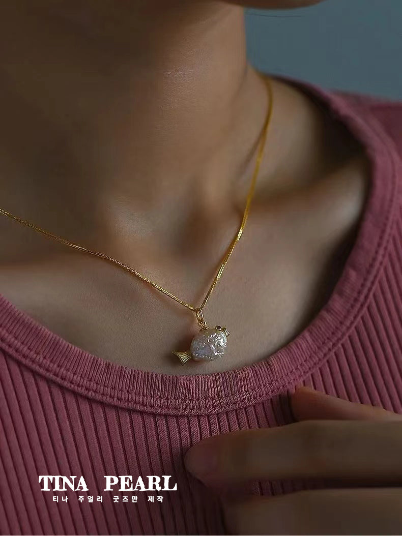 TINA Jewelry Fresh water shaped pearl puffer fish necklace