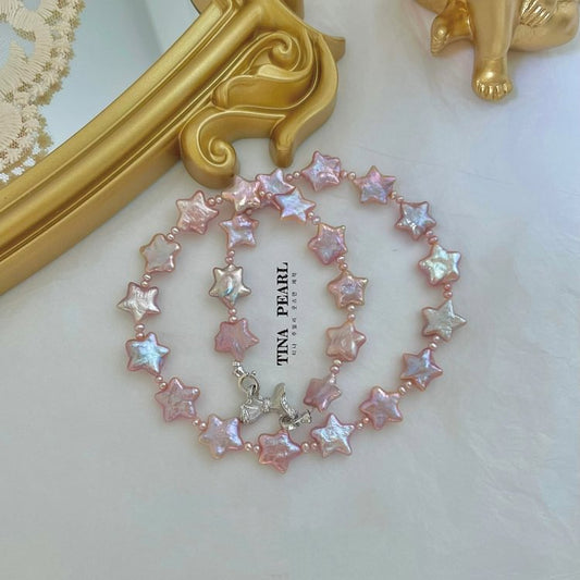 TINA Jewelry Pink gloss five-pointed star shape freshwater pearl necklace, pearl size about 10-12mm, the total length of the necklace about 40+5cm
