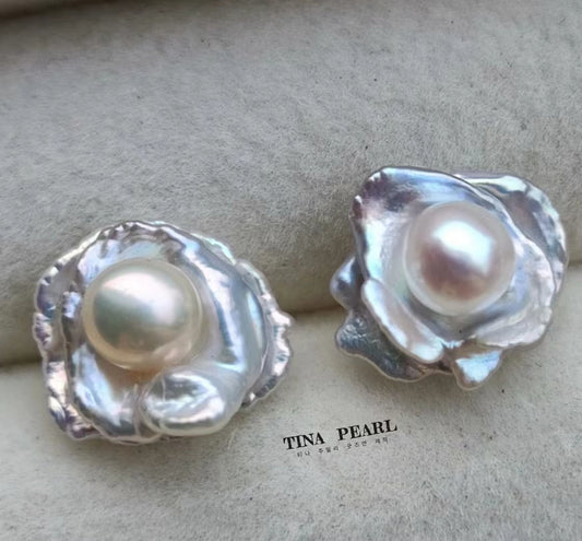 TINA Jewelry Natural Mirror gloss petaled Pearl earrings, each stud is handmade from 2 petaled pearls and 1 round pearl