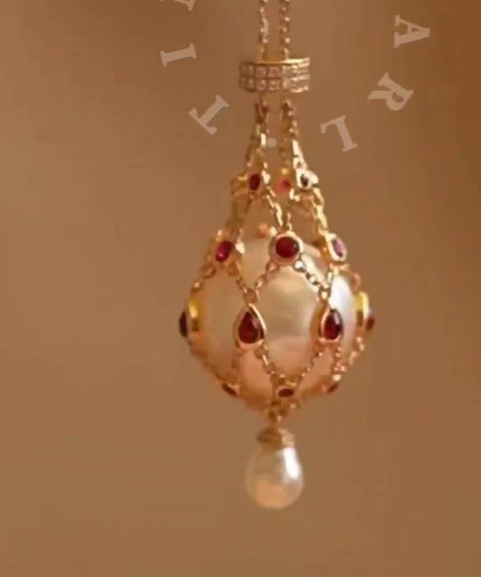 TINA Jewelry Natural Ruby +18K gold pearl Fortune bag, pendant pearl is water drop shaped seawater Keshi pearl