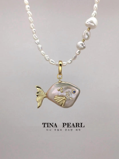 2024 Tina pearl creative sliver gold plated natural pearls shiny color cute sea fishes
