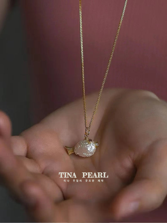 TINA Jewelry Fresh water shaped pearl puffer fish necklace