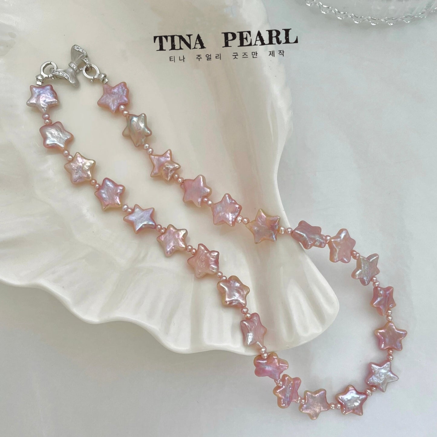 TINA Jewelry Pink gloss five-pointed star shape freshwater pearl necklace, pearl size about 10-12mm, the total length of the necklace about 40+5cm