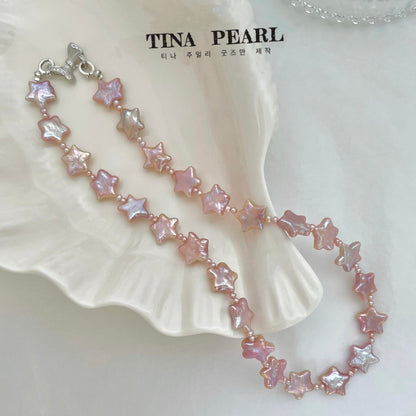 TINA Jewelry Pink gloss five-pointed star shape freshwater pearl necklace, pearl size about 10-12mm, the total length of the necklace about 40+5cm