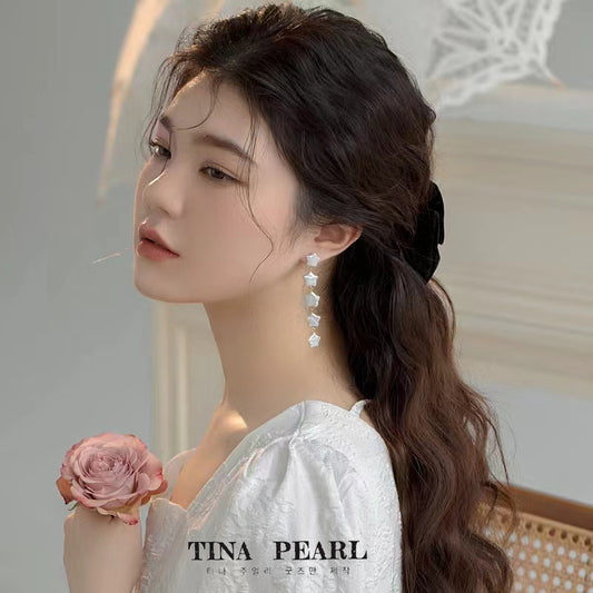 TINA Jewelry Freshwater star pearl long earrings+18k gold