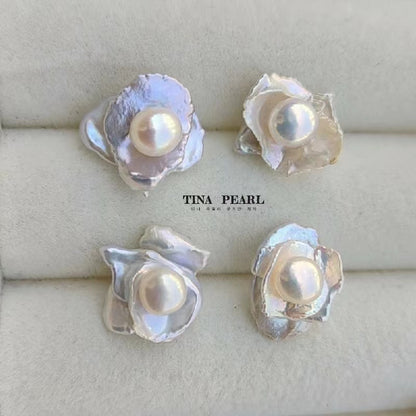 TINA Jewelry Natural Mirror gloss petaled Pearl earrings, each stud is handmade from 2 petaled pearls and 1 round pearl