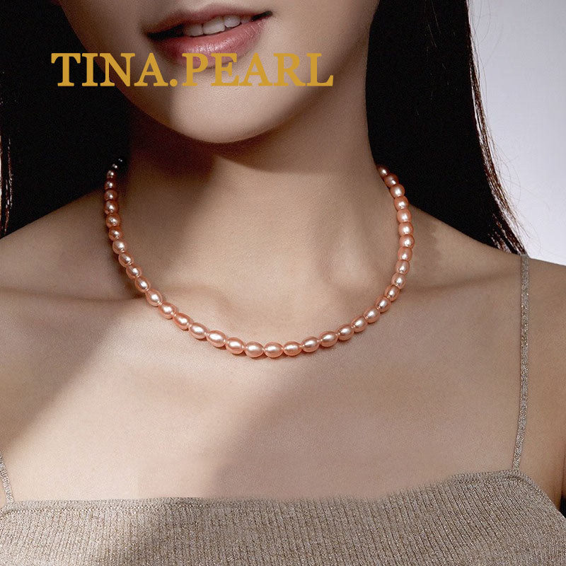 TINA jewelry rice-shaped freshwater pearl necklace S925 silver buckle head simple and classic