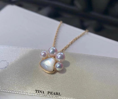 TINA Jewelry Aurora Akoya Pearl +18K gold Cute Cat Claw Pearl Pendant, pearl size about 4-4.5mm.(Inclusion chain)