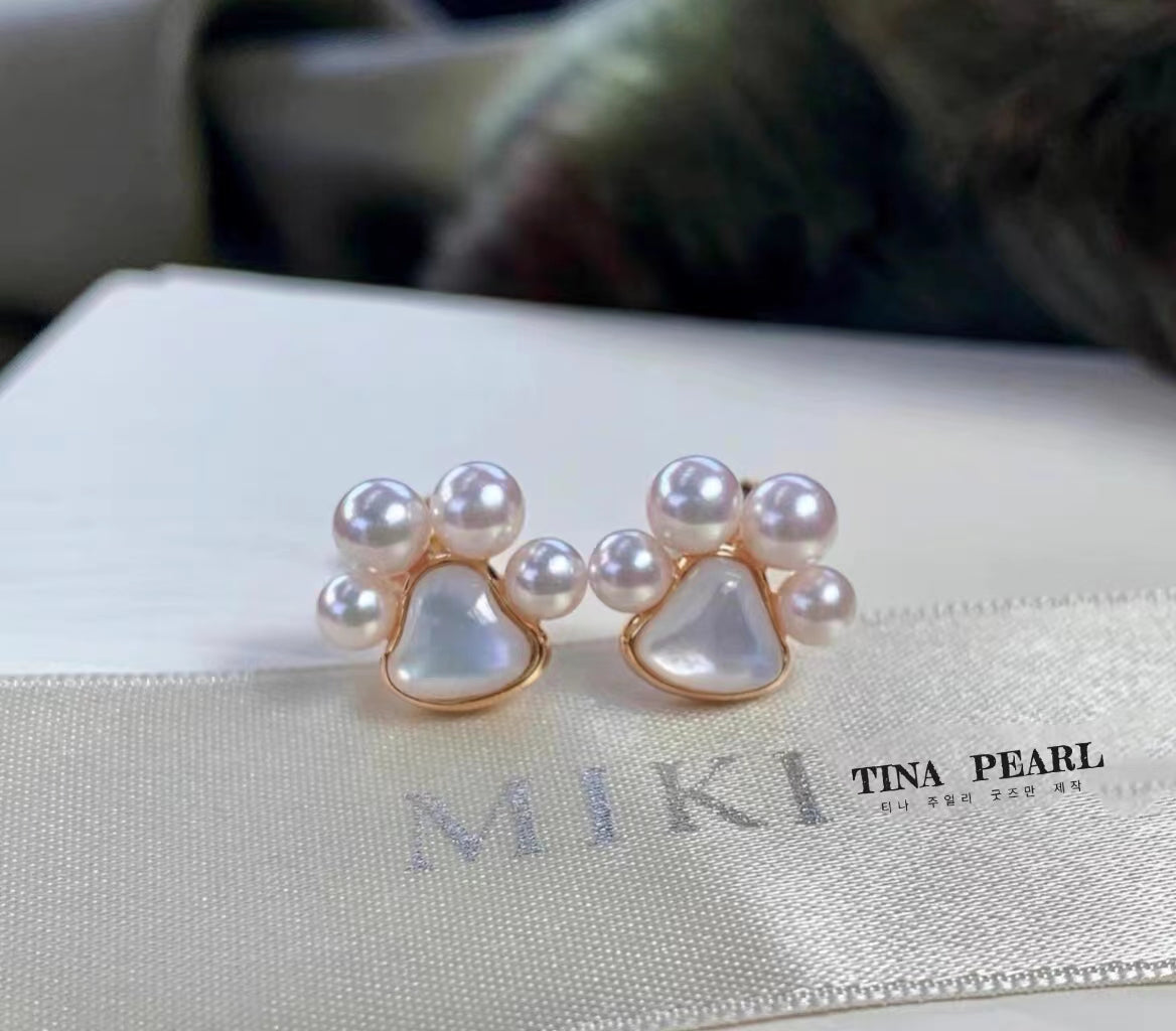 TINA Jewelry Aurora Akoya Pearl +18K gold Cute Cat Claw Pearl Pendant, pearl size about 4-4.5mm.(Inclusion chain)