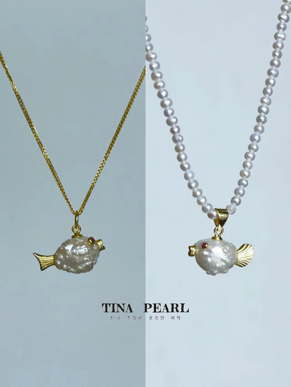 TINA Jewelry Fresh water shaped pearl puffer fish necklace