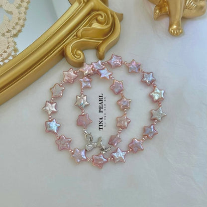 TINA Jewelry Pink gloss five-pointed star shape freshwater pearl necklace, pearl size about 10-12mm, the total length of the necklace about 40+5cm