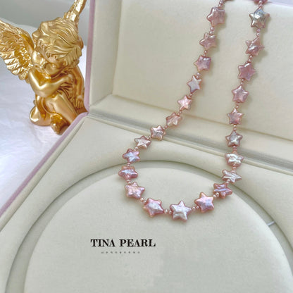 TINA Jewelry Pink gloss five-pointed star shape freshwater pearl necklace, pearl size about 10-12mm, the total length of the necklace about 40+5cm