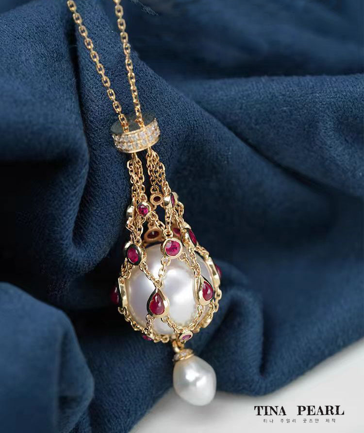 TINA Jewelry Natural Ruby +18K gold pearl Fortune bag, pendant pearl is water drop shaped seawater Keshi pearl