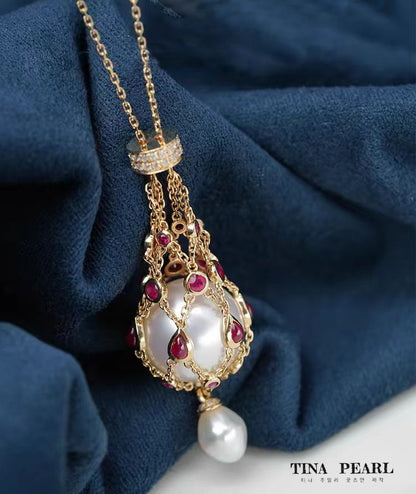 TINA Jewelry Natural Ruby +18K gold pearl Fortune bag, pendant pearl is water drop shaped seawater Keshi pearl
