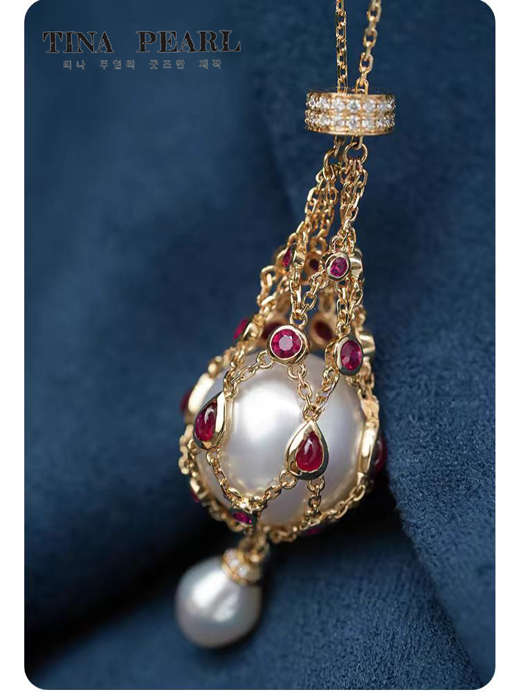 TINA Jewelry Natural Ruby +18K gold pearl Fortune bag, pendant pearl is water drop shaped seawater Keshi pearl