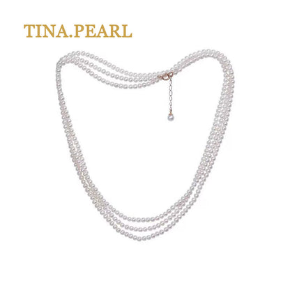 TINA Jewelry Freshwater pearl millet pearl necklace close to round shape extremely shiny pearl size 2.5-3mm can be worn in a variety of ways, the total length of the necklace is 157+3cm . The extension chain is 18 karat gold