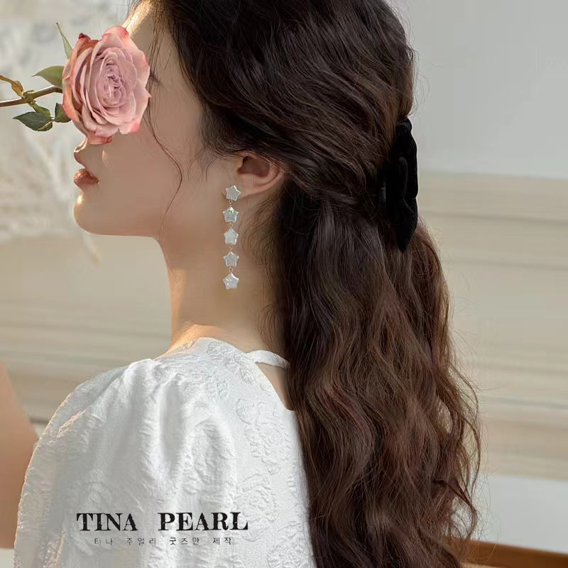 TINA Jewelry Freshwater star pearl long earrings+18k gold