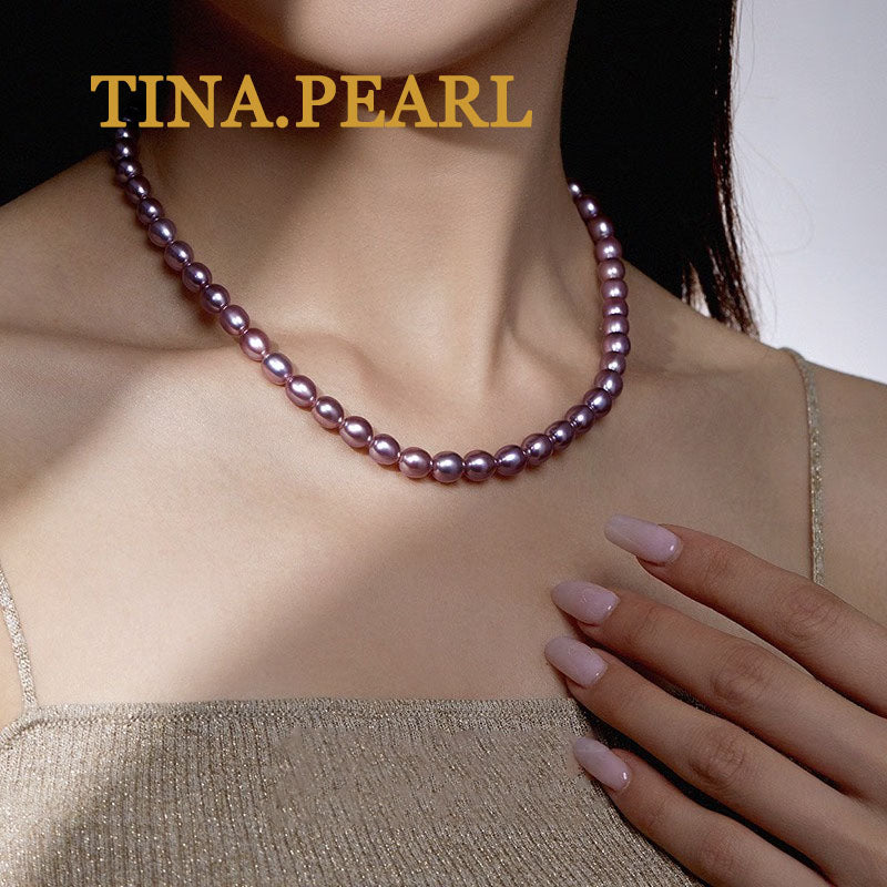 TINA jewelry rice-shaped freshwater pearl necklace S925 silver buckle head simple and classic