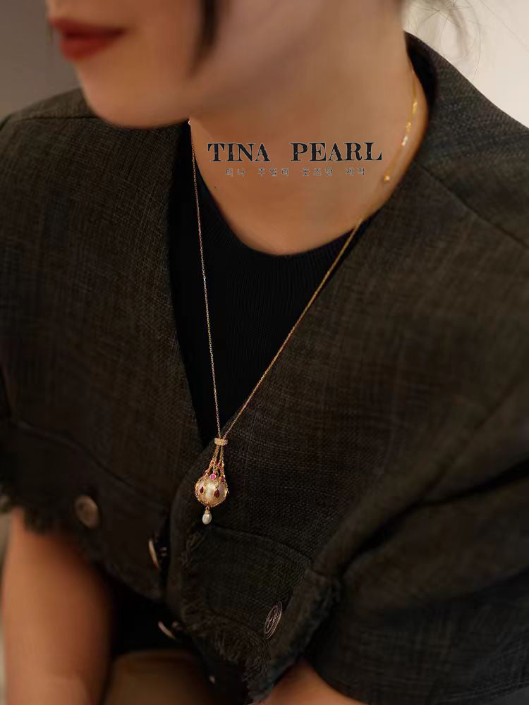 TINA Jewelry Natural Ruby +18K gold pearl Fortune bag, pendant pearl is water drop shaped seawater Keshi pearl