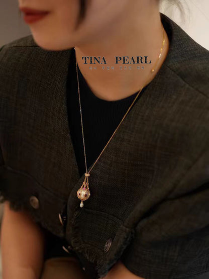 TINA Jewelry Natural Ruby +18K gold pearl Fortune bag, pendant pearl is water drop shaped seawater Keshi pearl