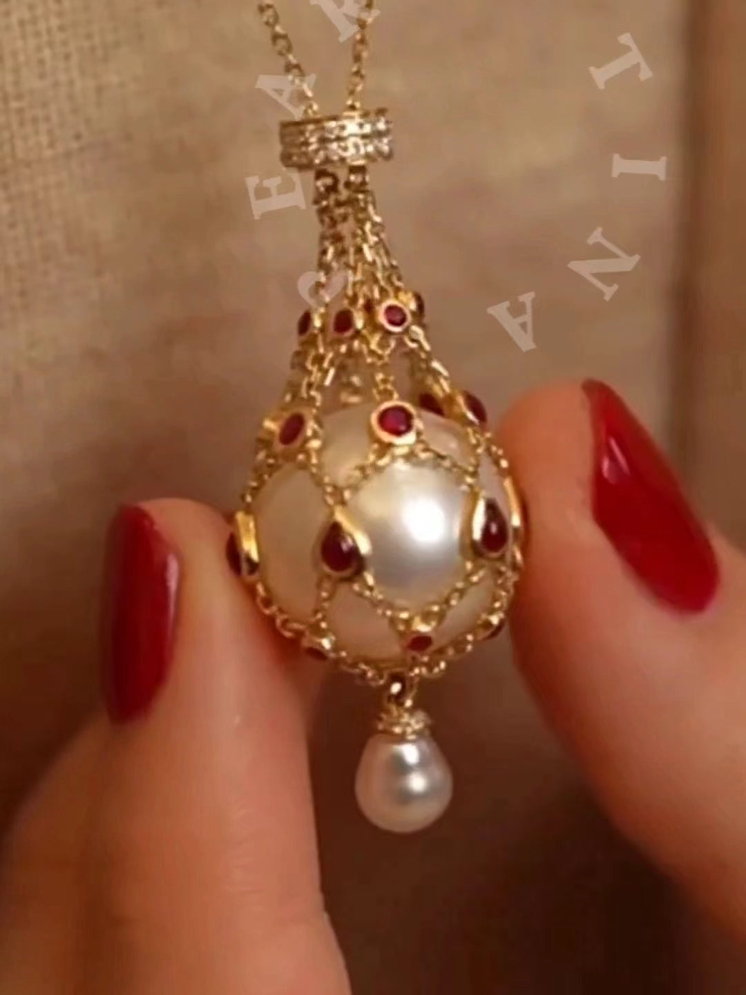 TINA Jewelry Natural Ruby +18K gold pearl Fortune bag, pendant pearl is water drop shaped seawater Keshi pearl