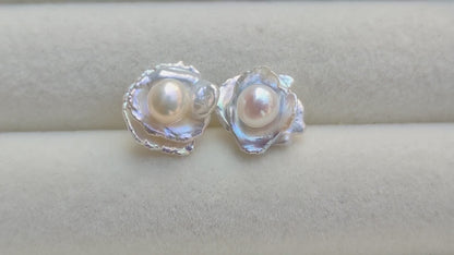 TINA Jewelry Natural Mirror gloss petaled Pearl earrings, each stud is handmade from 2 petaled pearls and 1 round pearl